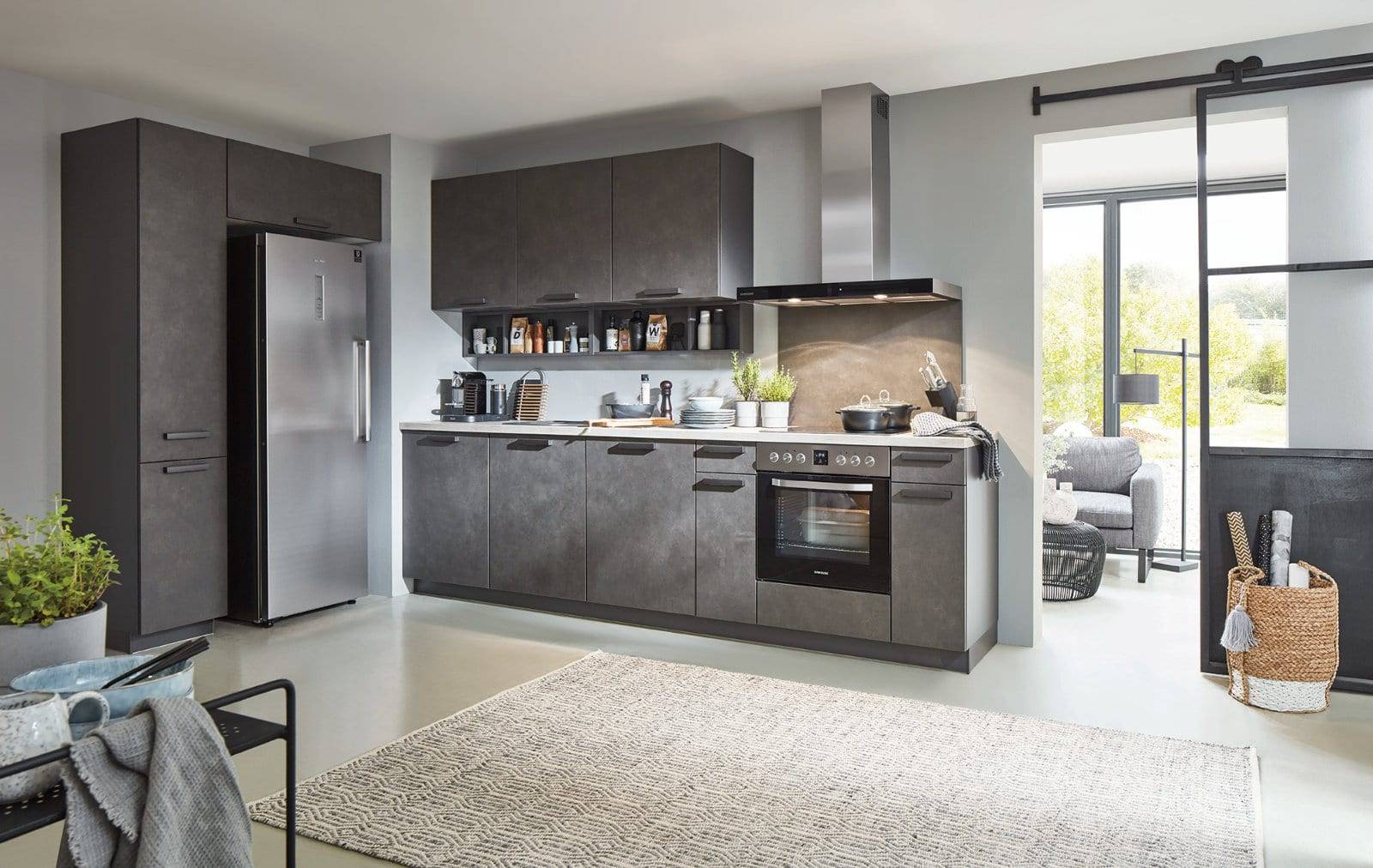 Nobilia Modern Concrete Open Plan L Shaped Kitchen 2021 | Lead Wolf, Gotham